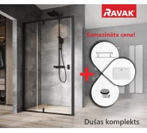 Ravak SET 1 Komplekts Nexty NDOP1-90 Dušas durvis 90cm H=195cm Caurspīdīga, Melna Ar Paliktni Perseus Pro Flat (23SETND1)