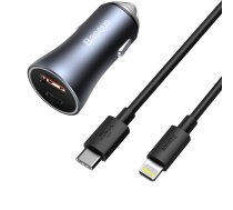 Baseus Golden Contactor Pro automašīnas lādētājs, USB + USB-C, QC4.0+, PD, SCP, 40 W (tumši pelēks) ar kabeli Type-C līdz iP 1 m Black