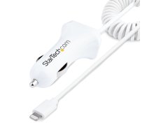 StarTech.com Automašīnas zibens lādētājs ar tinumu kabeli, 1 m spolēts zibens kabelis, 12 W, balts, 2 portu USB automašīnas lādētāja adapteris tālruņiem un planšetdatoriem, dubultā USB automašīnas iPhone lādētājs