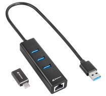 3 portu USB 3.2 Gen 1 alumīnija centrmezgls + Ethernet, dokstacija