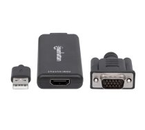 Manhetenas VGA un USB-A uz HDMI pārveidotājs, analogais VGA video un USB audio uz digitālo HDMI signālu, 1920x1080, 1080p@60Hz, 24 bitu krāsa, 1,65 Gbps / 165 MHz, trīs gadu garantija, blisteris