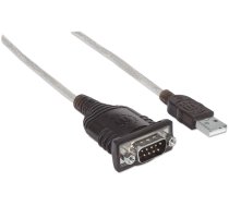 Manhetenas USB-A uz seriālo pārveidotāja kabelis, 45 cm, vīrišķais-vīrietis, Serial/RS232/COM/DB9, Prolific PL-2303HXD mikroshēma, melns/sudraba kabelis, trīs gadu garantija, Polybag