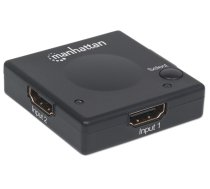 Manhetenas HDMI slēdzis 2 portu, 1080p, savieno x2 HDMI avotus ar x1 displeju, Automātiska un manuāla pārslēgšana (izmantojot pogu), Nav nepieciešama ārēja barošana, Melns, Trīs gadu garantija, Blisteris