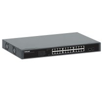 Intellinet 24 portu Gigabit Ethernet PoE+ slēdzis ar 2 SFP portiem, IEEE 802.3at/af (PoE+/PoE) saderīgs, 370 W PoE jaudas budžets, divi 1 G SFP atvērtie sloti, pašatjaunojošs tīkls, 19 collu statīva stiprinājums
