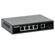 Intellinet 5 portu Gigabit Ethernet PoE+ slēdzis ar SFP portu, četri PSE PoE porti, saderīgs ar IEEE 802.3at/af (PoE+/PoE), PoE jaudas budžets 91 W, galddatora formāts, sienas stiprinājuma iespēja