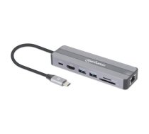 Manhetenas USB-C dokstacija/centrmezgls ar karšu lasītāju, pieslēgvietas (x 5): Ethernet, HDMI, USB-A (x2) un USB-C, ar strāvas padevi (87 W) līdz USB-C portam (Ņemiet vērā, ka pievienojiet USB-C sienas lādētāju un nepieciešams USB-C kabelis), visus portu