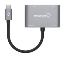 Manhetenas USB-C doks/centrmezgls, pieslēgvietas (x4): HDMI, USB-A, USB-C un VGA, ar strāvas padevi (87 W) līdz USB-C portam (Ņemiet vērā, ka nepieciešams pievienot USB-C sienas lādētāju un USB-C kabeli ), Visas pieslēgvietas var izmantot vienlaikus, alum