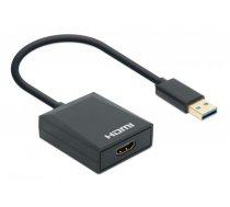 Manhetenas USB-A uz HDMI kabelis, 1080p@60Hz, pārveido USB 3.2 Gen1 (pazīstams arī kā USB 3.0) signālu par HDMI, 15 cm, melns, vīriešu uz sieviešu, trīs gadu garantija, mazumtirdzniecības kaste