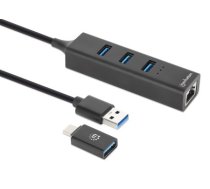 Manhetenas USB-C un USB-A kombinētais doks/centrmezgls, pieslēgvietas (4): Ethernet un USB-A (x3), 5 Gb/s (USB 3.2 Gen1 jeb USB 3.0), ārējais barošanas avots nav nepieciešams, USB-A vīrs ar pievienojamu USB-C vīrieša adapteris, SuperSpeed ​​USB, melns, tr