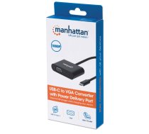 Manhetenas USB-C uz VGA un USB-C (ar strāvas padevi), 1080p@60Hz, 19,5 cm, melns, barošanas padeve USB-C pieslēgvietai (60 W), līdzvērtīga Startech CDP2VGAUCP, no vīrieša uz sievieti, mūža garantija, mazumtirdzniecības kaste