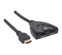 Manhetenas HDMI slēdzis 2 portu, 1080p, savieno x2 HDMI avotus ar x1 displeju, Manuāla pārslēgšana (izmantojot pogu), Integrēts kabelis (50 cm), Nav nepieciešama ārēja barošana, Melns, Trīs gadu garantija, Blisteris