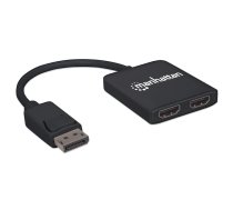 Manhetenas DisplayPort 1.2 līdz 2 portu HDMI sadalītāja centrmezgls ar MST, 4K@30Hz, barošana ar USB A, video sienas funkcija, HDCP 2.2, melns, trīs gadu garantija, blisteris