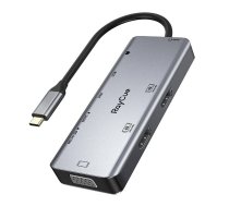 Hub 9in1 RayCue USB-C līdz 2x USB-A 3.0 5Gbps + 2x SD/TF 3.0 + 2x HDMI 4K30Hz + VGA 1080p + 3.5mm ligzda + PD 3.0 100W (pelēks)