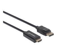 Manhetenas DisplayPort 1.1–HDMI kabelis, 1080p@60Hz, 3 m, vīrietis–vīrietis, DP ar aizbīdni, melns, nav divvirzienu, trīs gadu garantija, daudzslāņu maisiņš