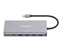 CANYON DS-12, 13 in 1 USB C hub, with 2*HDMI, 3*USB3.0: support max. 5Gbps, 1*USB2.0: support max. 480Mbps, 1*PD: support max 100W PD, 1*VGA,1* Type C data, 1*Glgabit Ethernet, 1*3.5mm     audio jack, cable 15cm, Aluminum alloy housing,130*57.5*15 mm,DarK