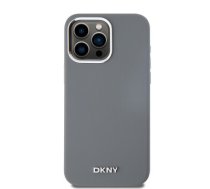 DKNY Liquid Silicone Silver Metal Logo MagSafe Case for iPhone 15 Pro Max Grey