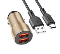 Borofone Car charger BZ19 Wisdom - 2xUSB - 12W with USB to Type C cable gold