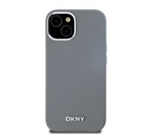 DKNY Liquid Silicone Silver Metal Logo MagSafe Case for iPhone 15 Grey