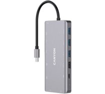 CANYON 13 in 1 USB C hub, with 2*HDMI, 3*USB3.0: support max. 5Gbps, 1*USB2.0: support max. 480Mbps, 1*PD: support max 100W PD, 1*VGA,1* Type C data, 1*Glgabit Ethernet, 1*3.5mm audio jack,     cable 15cm, Aluminum alloy housing,130*57.5*15 mm,DarK gray