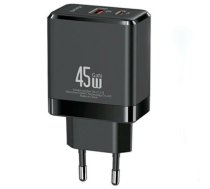 USAMS 1xUSB-C+1xUSB 45W (tikai lādētājs) GaN PD3.0 +QC3.0 ātrais lādētājs| Melns (US-CC178)