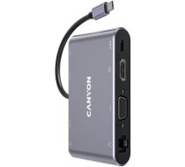 CANYON ?8 in 1 USB C hub, with 1*HDMI: 4K*30Hz, 1*VGA, 1*Type-C PD charging port, Max 100W PD input. 3*USB3.0,transfer speed up to 5Gbps. 1*Glgabit Ethernet, 1*3.5mm audio jack, cable     15cm, Aluminum alloy housing,95*55*17.6 mm, 107g, Dark grey