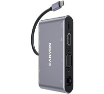 CANYON 8 in 1 USB C hub, with 1*HDMI: 4K*30Hz, 1*VGA, 1*Type-C PD charging port, Max 100W PD input. 3*USB3.0,transfer speed up to 5Gbps. 1*Glgabit Ethernet, 1*3.5mm audio jack, cable 15cm, Aluminum alloy housing,95*55*17.6 mm, 107g, Dark grey