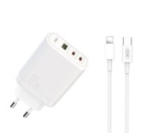 XO wall charger CE04 PD 65W QC 4 45W 1x USB 2x USB-C white + USB-C – Lightning cable