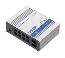 Teltonika Ethernet Switch TSW200 Unmanaged, Desktop, 1 Gbps (RJ-45) ports quantity 8, SFP ports quantity 2, PoE ports quantity 8, Total PoE Power Budget (at PSE): 240 W, PoE Max Power per     Port (at PSE): 30W, IP30, Full aluminum housing, ADAPTER NOT IN