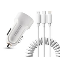 Dudao car kit 2x USB 2.4A charger + 3in1 Lightning / Type C / micro USB cable white (R7 white)