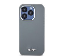 DKNY Liquid Silicone Silver Metal Logo MagSafe Case for iPhone 15 Pro Grey