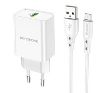 Borofone BN5 tālruņa lādētājs | USB | Quck Charge 3.0 | 18W | + Micro USB kabelis, balts