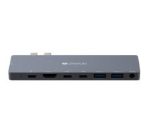 Canyon Multiport Docking Station with 8 port, 1*Type C PD100W+2*Type C data+2*HDMI+2*USB3.0+1*Audio. Input 100-240V, Output USB-C PD100W&USB-A 5V/1A, Aluminium alloy, Space gray,     135*48*10mm, 0.056kg
