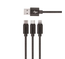 Setty 3in1 cable USB - Lightning + USB-C + microUSB 1,0 m 2A black nylon