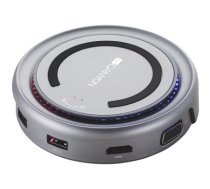 Canyon Multiport Docking Station with 5 port, with wireless charger 10W, 2*Type C+1*HDMI+1*VGA+1*USB3.0+1*USB2.0. Input 100-240V, Output USB-C PD100W&USB-A 5V/1A, cable length type c-c 0.3m+micro USB 0.6m, Space gray, 104*104*28mm, 0.203kg