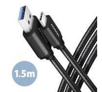 Axagon Data and charging USB 3.2 Gen1 cable lengh 1.5 m. 3A. Black braided.