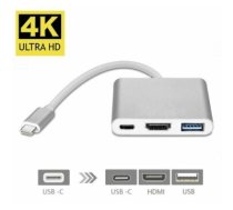 Fusion (3 in 1) USB-C Multiport Adapteris / USB 3.0 / HDMI / USB-C / Sudraba
