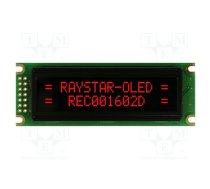 Display: OLED; alphanumeric; 16x2; Dim: 85x30x10mm; red; PIN: 14 | REC001602DRPP5N01  | REC001602DRPP5N00100