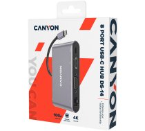 CANYON  DS-14, 8 in 1 USB C hub, with 1*HDMI: 4K*30Hz, 1*VGA, 1*Type-C PD charging port, Max 100W PD input. 3*USB3.0,transfer speed up to 5Gbps. 1*Glgabit Ethernet, 1*3.5mm audio jack, cable 15cm, Aluminum alloy housing,95*55*17.6 mm, 107g, Dark grey | CN