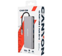 CANYON DS-12, 13 in 1 USB C hub, with 2*HDMI, 3*USB3.0: support max. 5Gbps, 1*USB2.0: support max. 480Mbps, 1*PD: support max 100W PD, 1*VGA,1* Type C data, 1*Glgabit Ethernet, 1*3.5mm audio jack, cable 15cm, Aluminum alloy housing,130*57.5*15 mm,Dar | CN