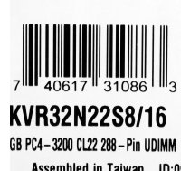 DDR4 16GB/3200 (1x16GB) CL22 DIMM 1Rx8 | KVR32N22S8/16 | 740617310863 | SAKIN4G1632VR10
