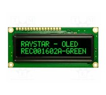 Display: OLED; alphanumeric; 16x2; Dim: 80x36x10mm; green; PIN: 16 | REC001602AGPP5N01  | REC001602AGPP5N00100