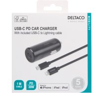 DELTACO USB auto lādētājs, 1x USB-C PD 20 W, 1 m Lightning kabelis, melns | 202209060004  | 733304805604 | USBC-CAR124