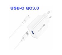 Strāvas adapters USB-C (QC 3.0, Quick charge, 18W) + USB-C vads | 88686