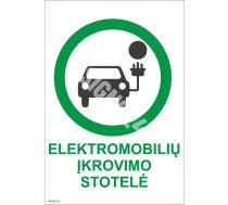 Zīme Elektro automašīnu uzlādes stacija Uzlīme parasta zīme 70x100 mm (ar tekstu) Lietuviešu