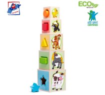 Woody 95005 Attīstoša krāsaina Eko koka kubu šķirošanas piramīda ar cipariem / dzīvniekiem (10gab.) bērniem no 3 gadi + (10.6x41cm) ( WD95005 8591864950058 )