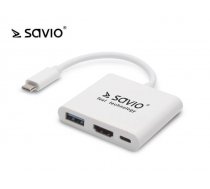 Savio Multimedia Adapteris Type-C to HDMI (4K @ 30Hz 1080P @ 60Hz) + USB 3.0 Balts ( SAVIO AK 48 ) USB centrmezgli