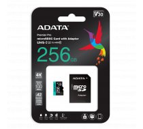 ADATA Premier Pro UHS-I U3 256 GB micro SDXC Flash memory class 10 with Adapter ( AUSDX256GUI3V30SA2 RA1 4710273771342 ) atmiņas karte