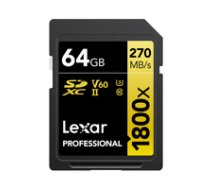 Lexar SDXC 64GB Professional 1800x UHS-II U3 ( 180/270 MB/s ) ( LSD1800064G BNNNG LSD1800064G BNNNG LSD1800064G BNNNG ) atmiņas karte