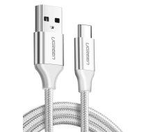 Datu, uzlādes kabelis USB uz USB-C, 3A, QC3.0, 0.25m, niķelēts, Ugreen US288, 60129, balts