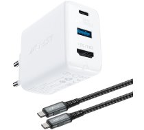 Acefast 2in1 charger GaN 65W USB Type C / USB, adapter adapter HDMI 4K @ 60Hz (set with cable) white (A17 white) (universal)